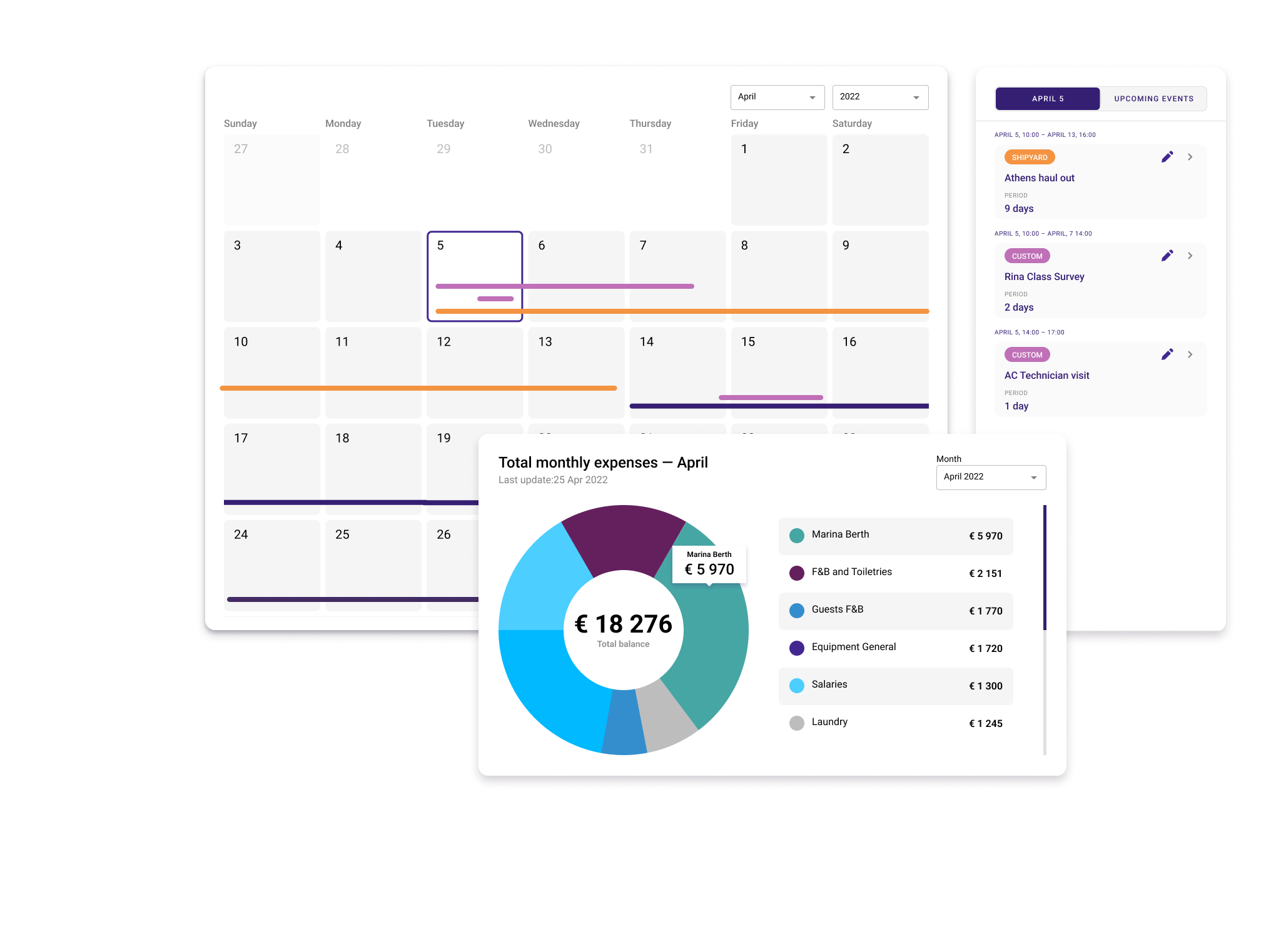 Seazone yacht management dashboard and events calendar