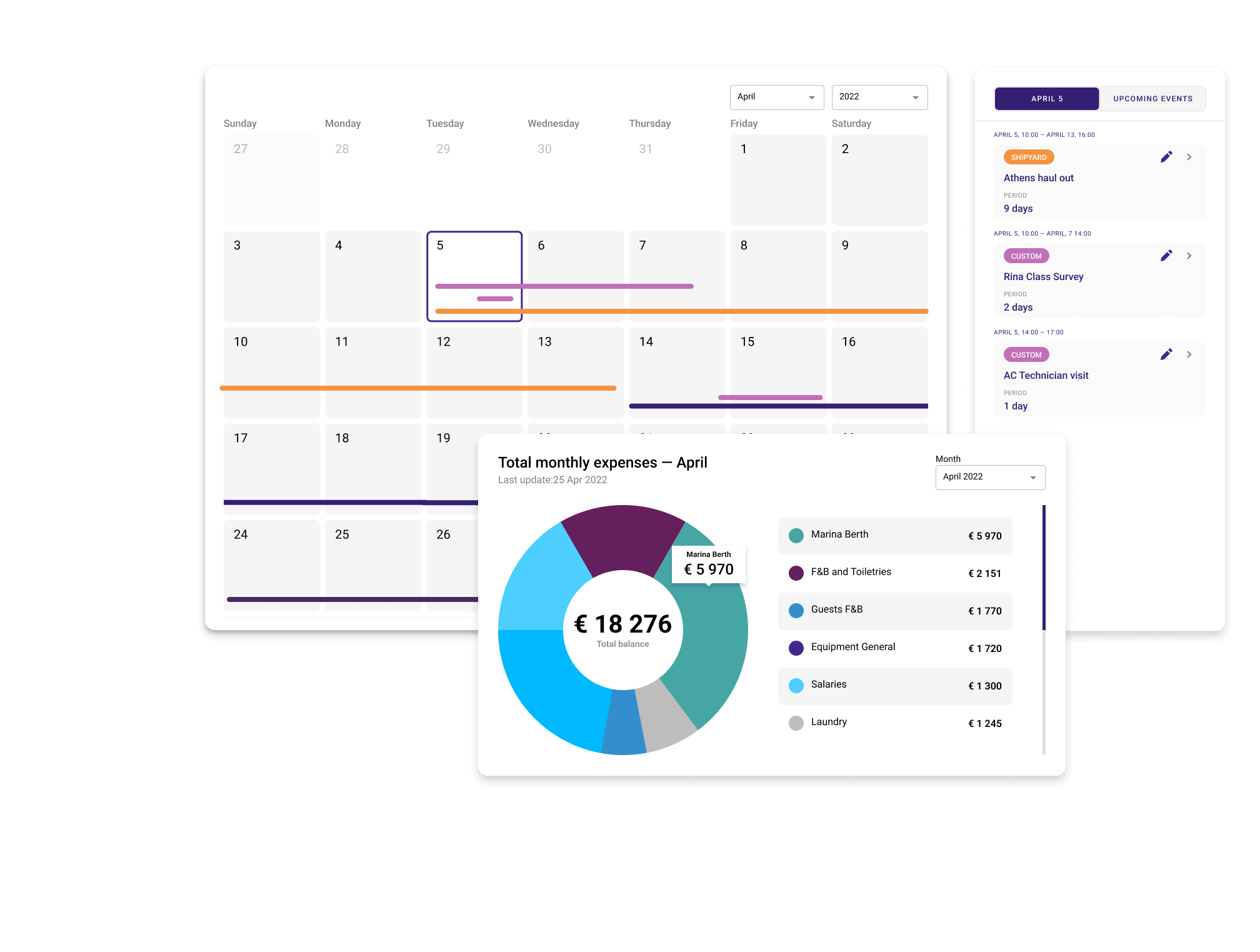 Seazone yacht management dashboard and events calendar